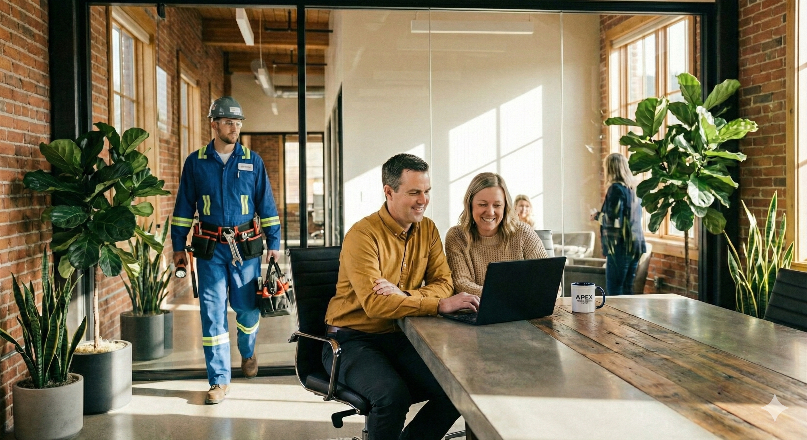 Team collaborating in a modern office with a service technician